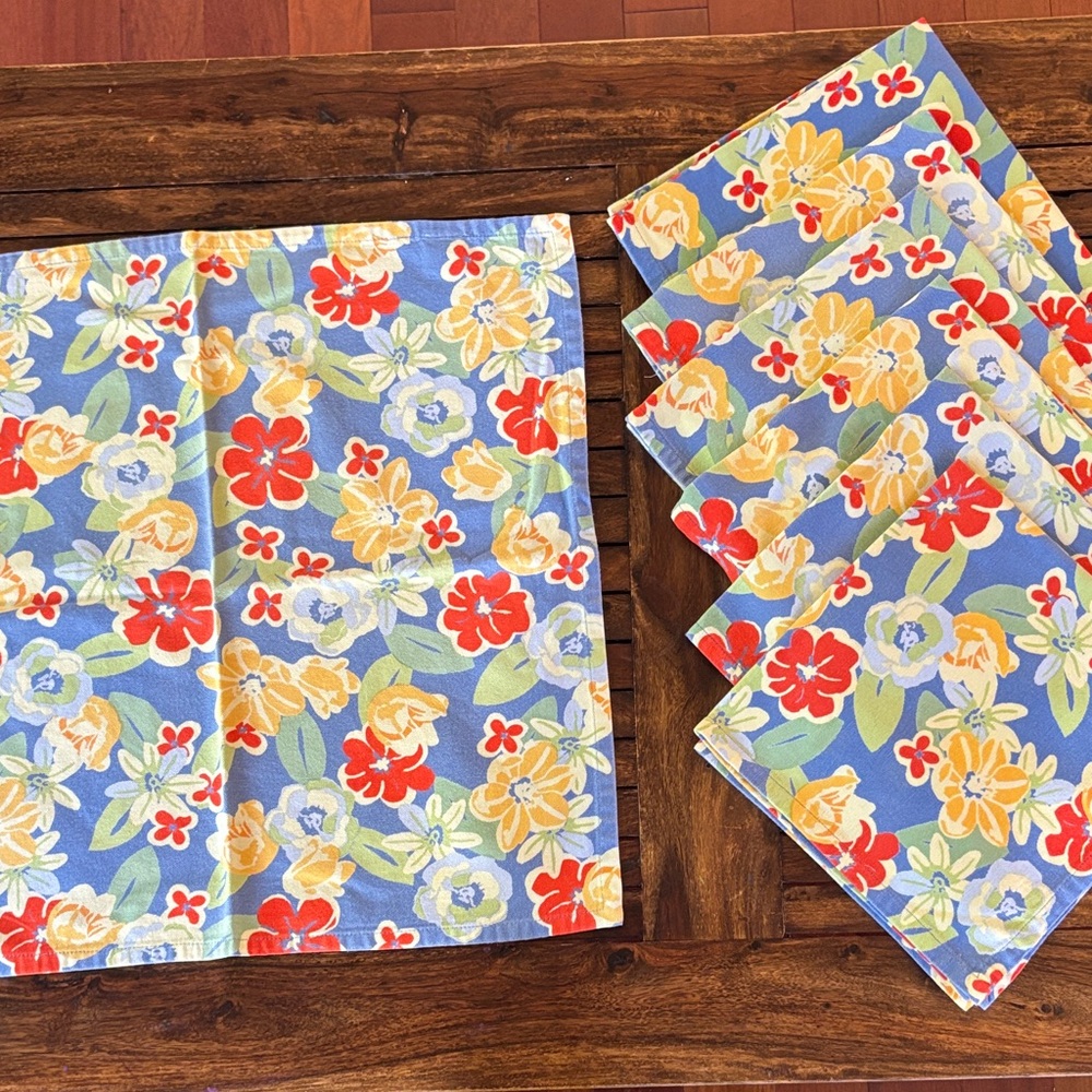 Xochi Cotton Napkins 19 X 19 Floral Blue‎ Cottage Table Dining French Country X8